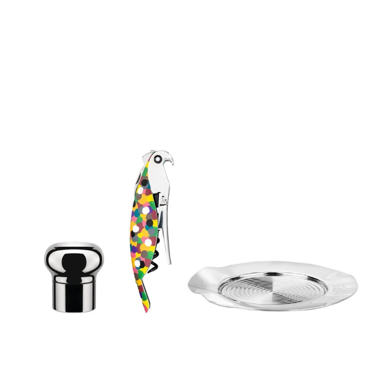 Alessi Set Wein "Parrot" besteht aus "Parrot-Proust" Korkenzieher aus PC & Gußaluminium "Noe" Wein & Champagnerverschluss aus Edelstahl 18/10 "Sitges" Flaschenuntersetzer aus Edelstahl 18/10