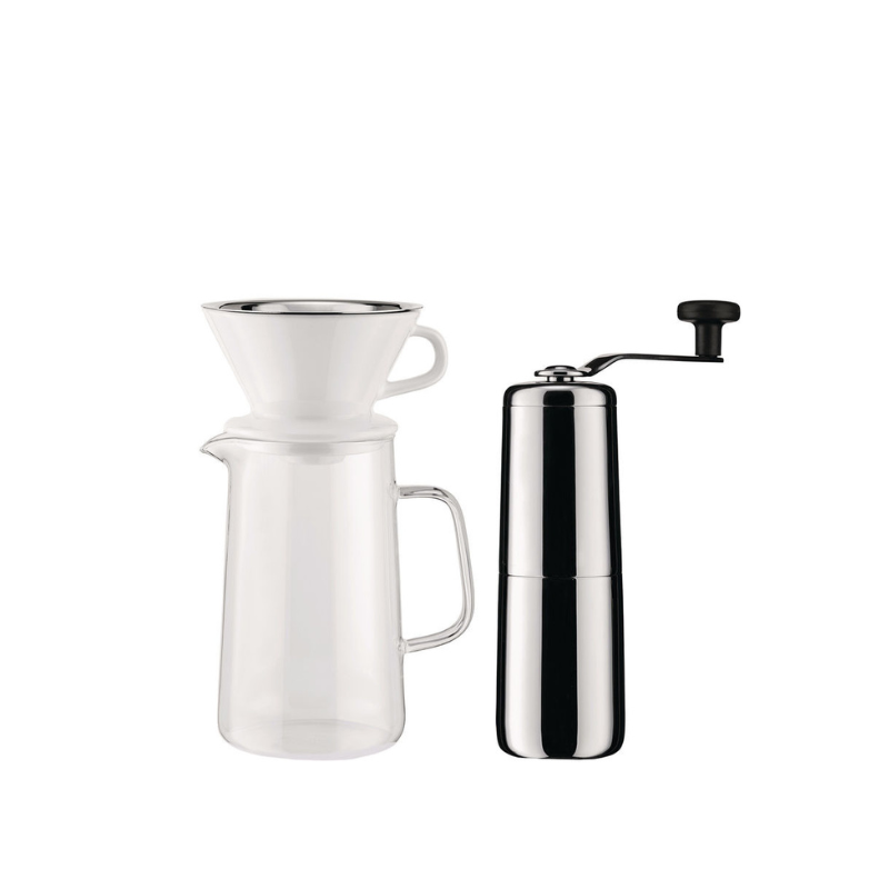 Alessi "Slow Coffee" Set Set besteht aus: Kaffeemühle aus Edelstahl 18/10 Kanne aus Pyrex-Glas  Filterhalter aus Porzellan Netz-Filter aus Edelstahl 18/10