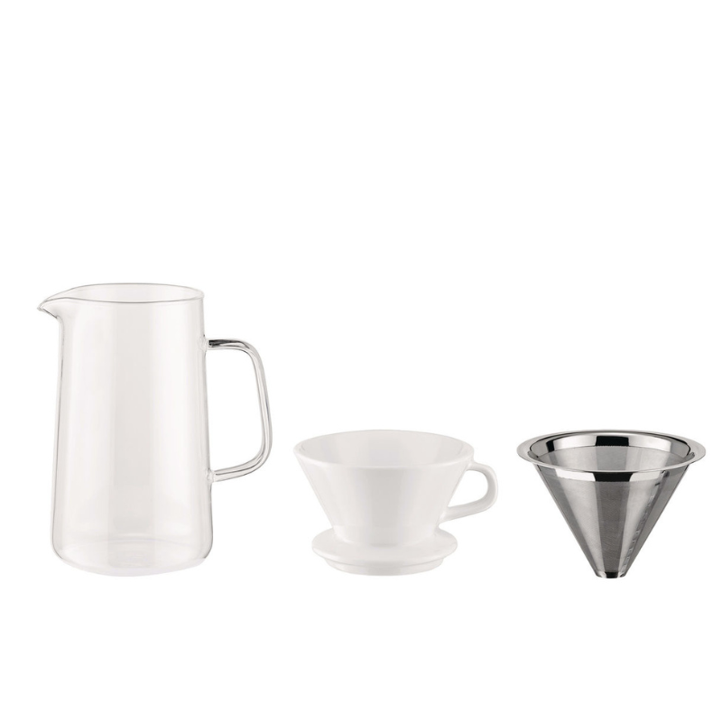 Alessi "Slow Coffee" Set Set besteht aus: Kaffeemühle aus Edelstahl 18/10 Kanne aus Pyrex-Glas  Filterhalter aus Porzellan Netz-Filter aus Edelstahl 18/10