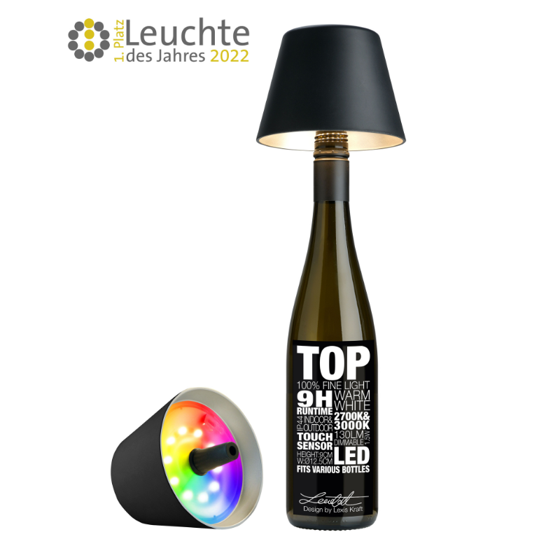 TOP LED Flaschenaufsatz-Leuchte 2.0 von Sompex mit (Deko) Flasche in Schwarz auf einem weißen Hintergrund