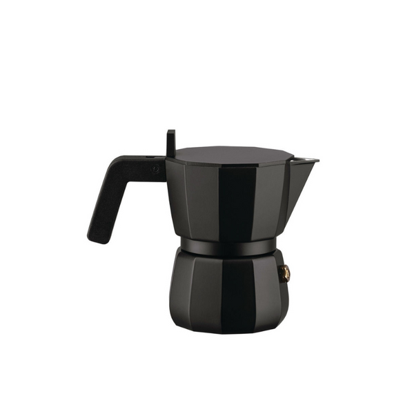 Alessi Espressokaffekanne Black 1 Tasse auf einem weißen Hintergrund