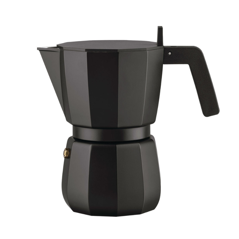 Alessi Espressokaffekanne Black 3 Tassen auf einem weißen Hintergrund