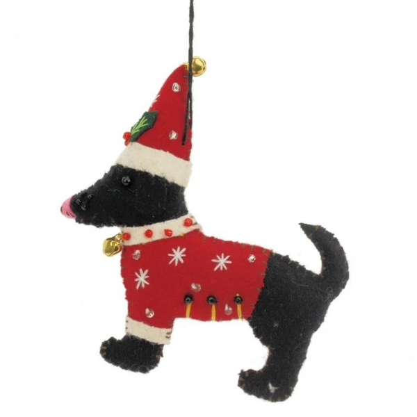 Filz-Weihnachtsanhänger "Hund mit rotem Pullover/Weihnachtsmütze"