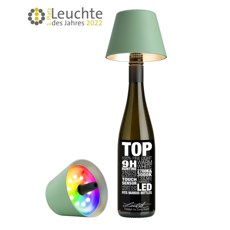 TOP LED Flaschenaufsatz-Leuchte 2.0 von Sompex mit (Deko) Flasche in Oliv auf einem weißen Hintergrund