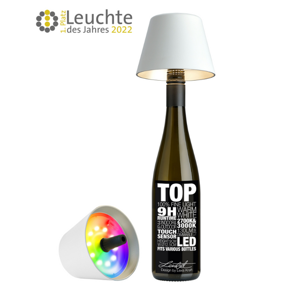 TOP LED Flaschenaufsatz-Leuchte 2.0 von Sompex mit (Deko) Flasche in Weiß auf einem weißen Hintergrund