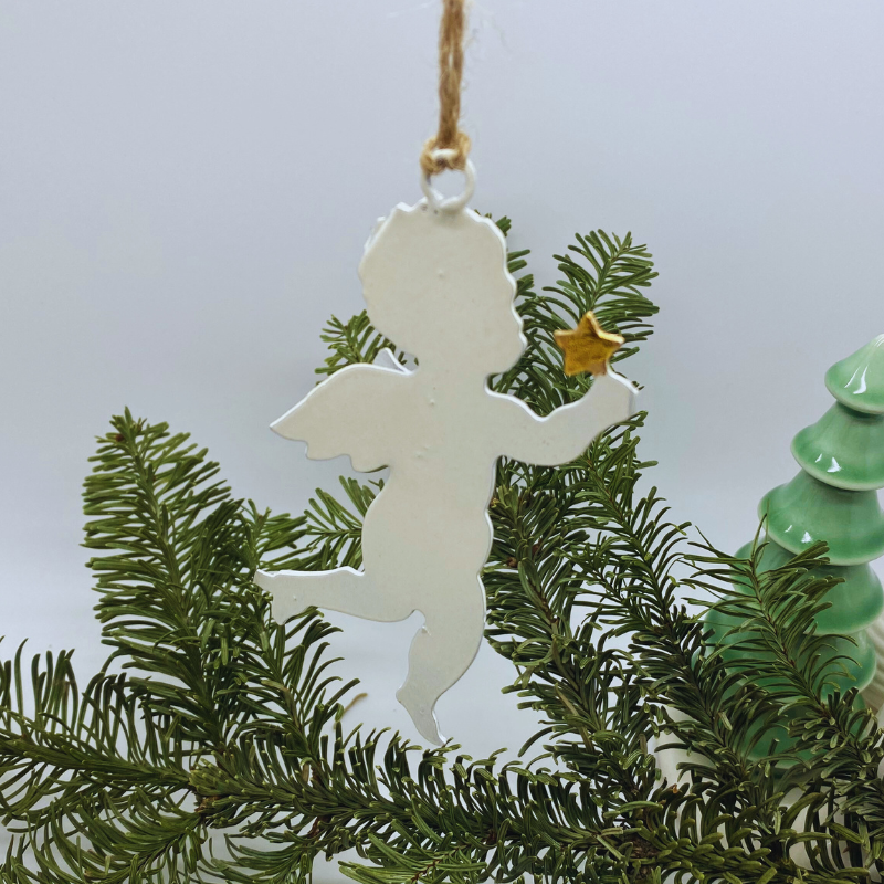 Weihnachtsanhänger "Engel mit Stern" aus Emaille